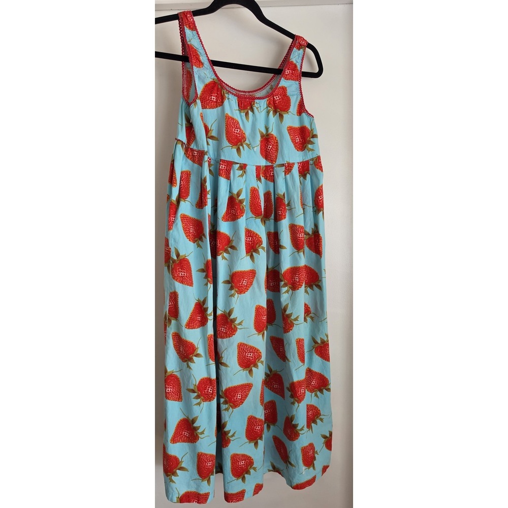 Women Sleeveless Maidi Dress Blue Red Strawberry Print Scoop Neck Retro Sundress